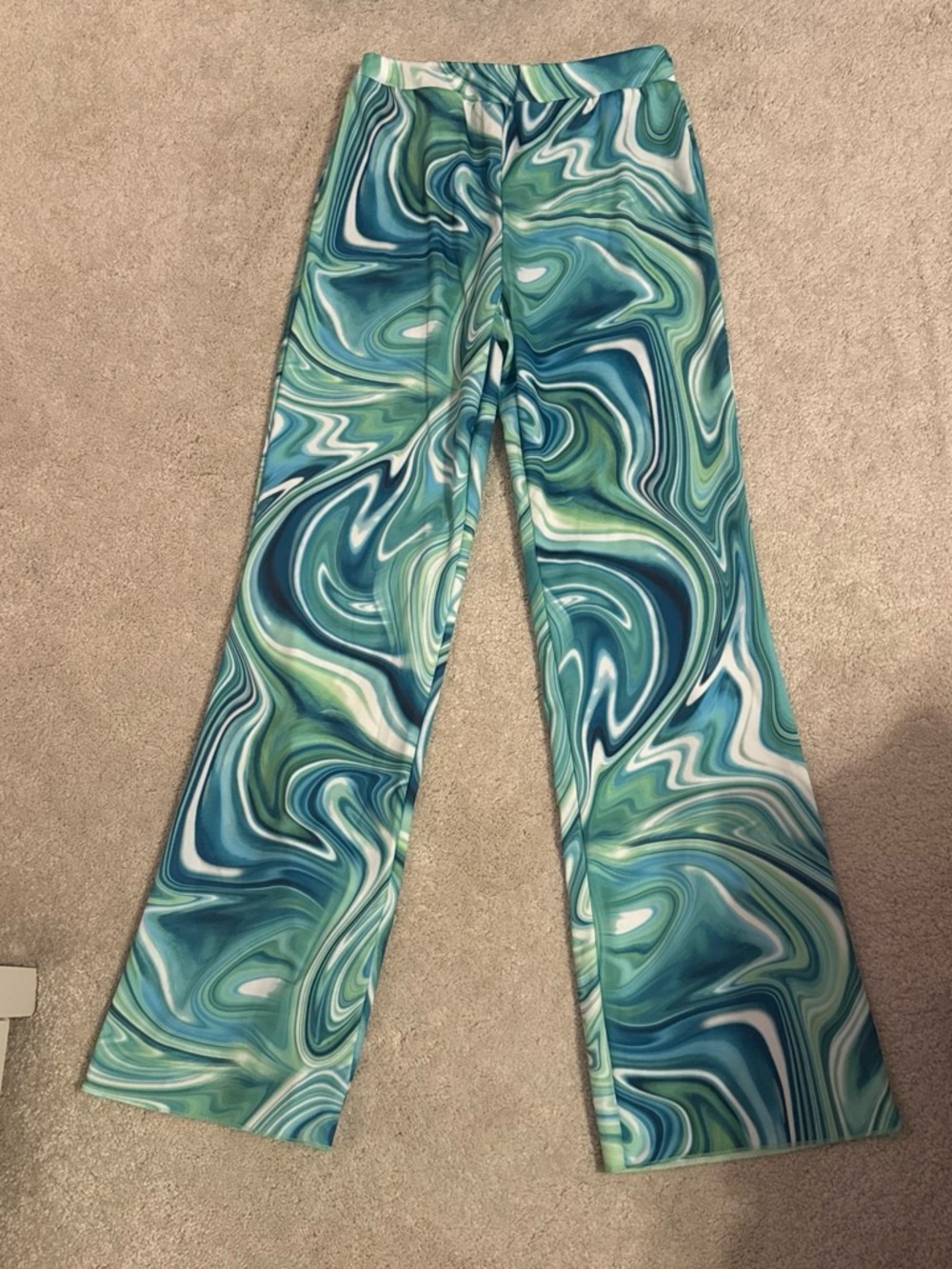 Swirl Print Flared Pants in Teal & White